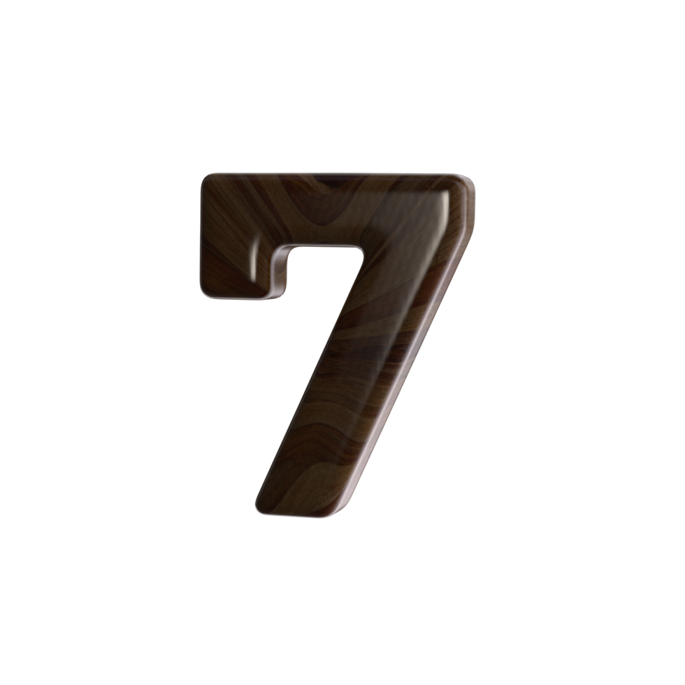 Number 7 3D render with wood material png