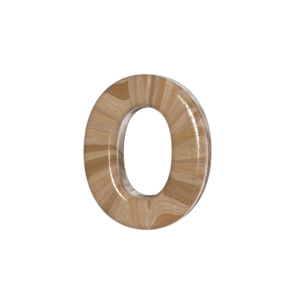 Number 0 3D render with wood material png