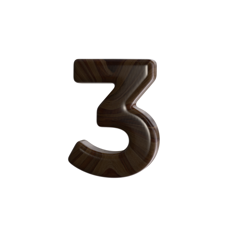 Number 3 3D render with wood material png