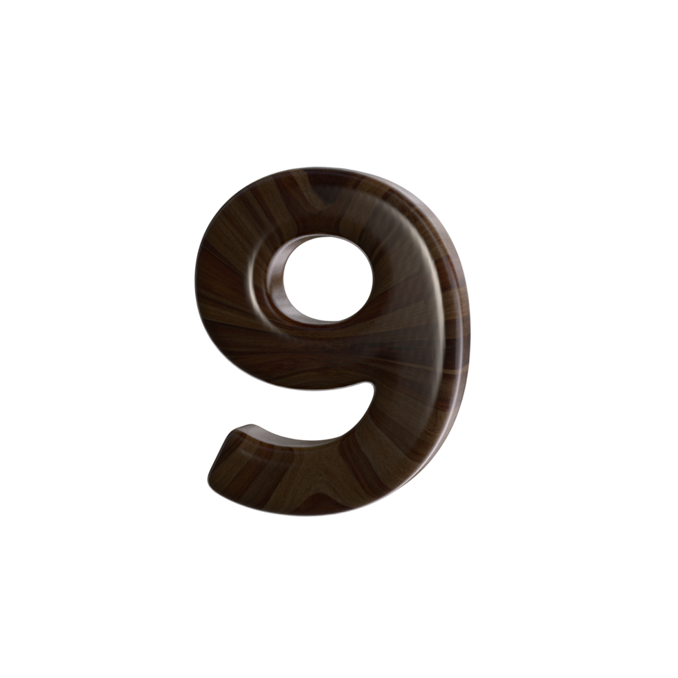 Number 9 3D render with wood material png