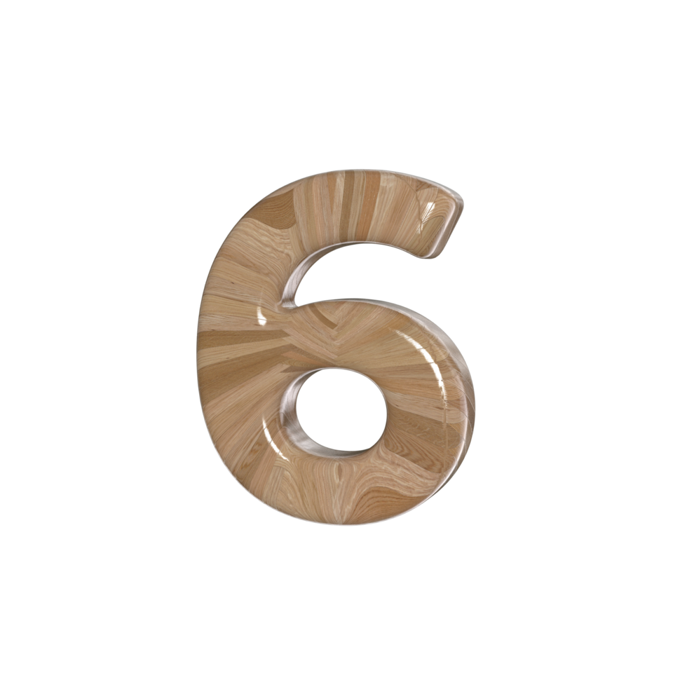 Number 6 3D render with wood material png