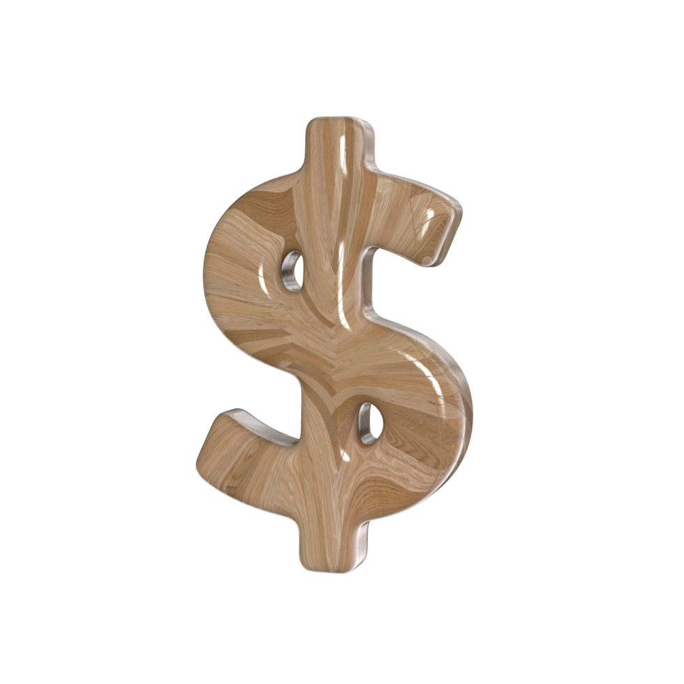 Dollar Sign 3D render with wood material png