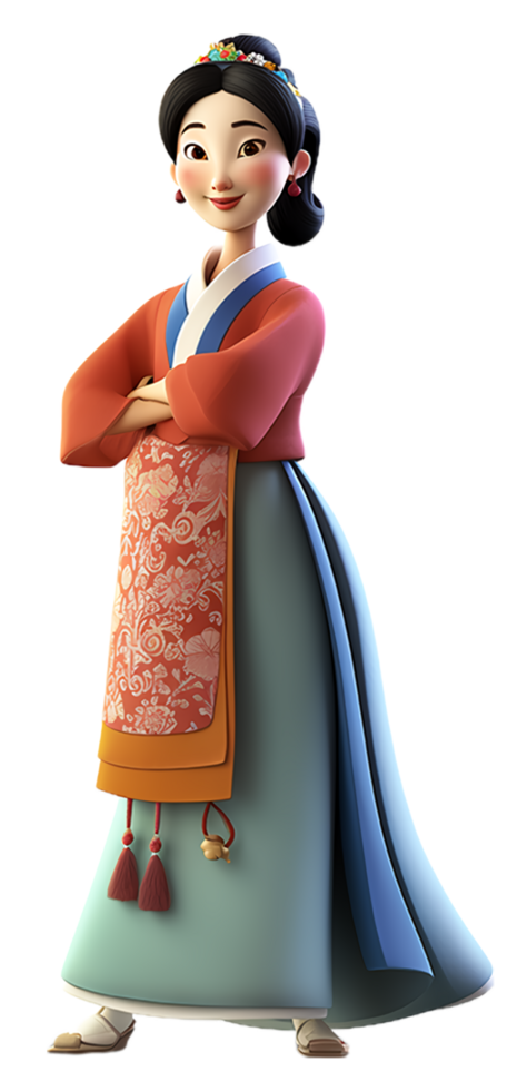 3d dibujos animados personaje de coreano mujer posando en coreano estilo ropa modelo. generativo ai png