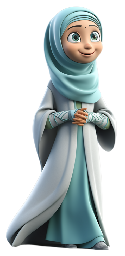 illustration of a 3D cartoon character of a woman in Muslim dress. generative ai png