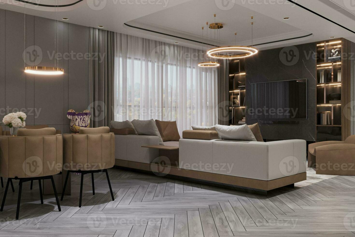 Living room and  dining room attached functionality for a home decor elements interior design sets 3D rendering photo
