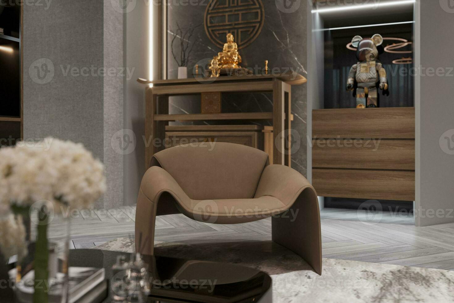 un cómodo silla en vivo habitación interior diseño, mueble diseño, hogar decoración elementos imagen 3d representación foto