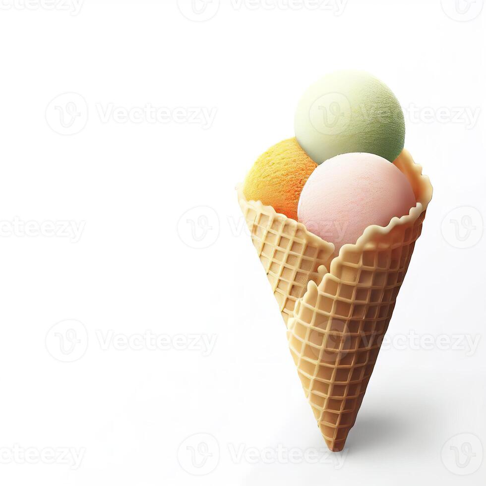 realista gofre helado cono con sorbete en blanco antecedentes con Copiar espacio. congelado postre para niños y adultos ai generativo foto