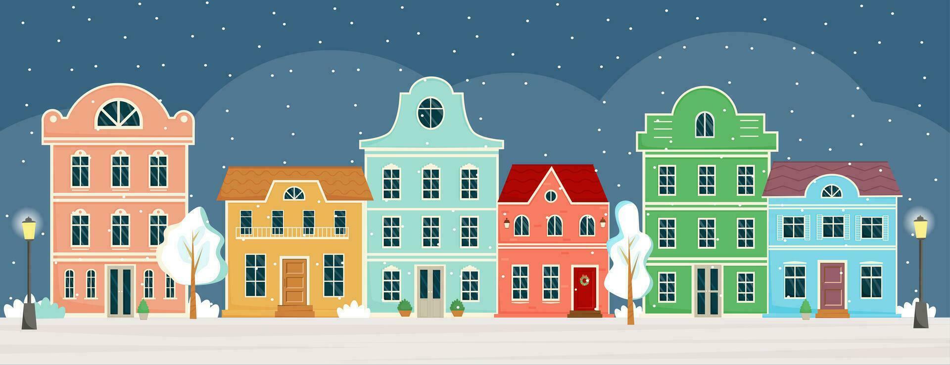 Street with cute colourful houses at winter night on Christmas eve. Traditional old european houses. Buildings front view. Winter town, city panorama. Vector illustration in flat style.