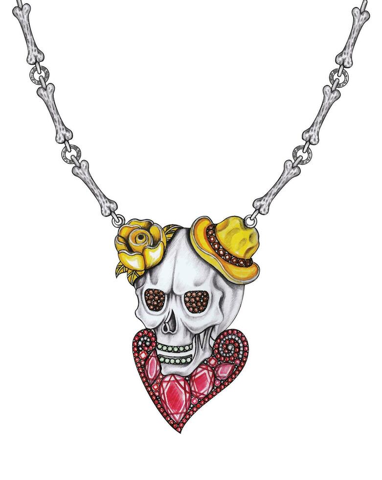 Jewelry design fancy skull necklace hand drawing and painting make graphic vector. vector