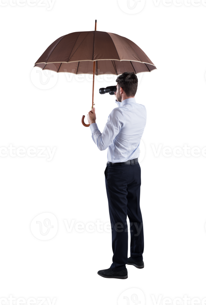 businessman cover himself with an umbrella and watches far with a binocular png