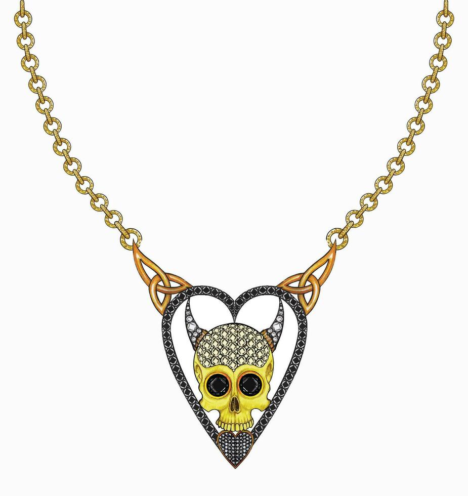 Jewelry design heart mix devil skull necklace hand drawing and painting make graphic vector. vector