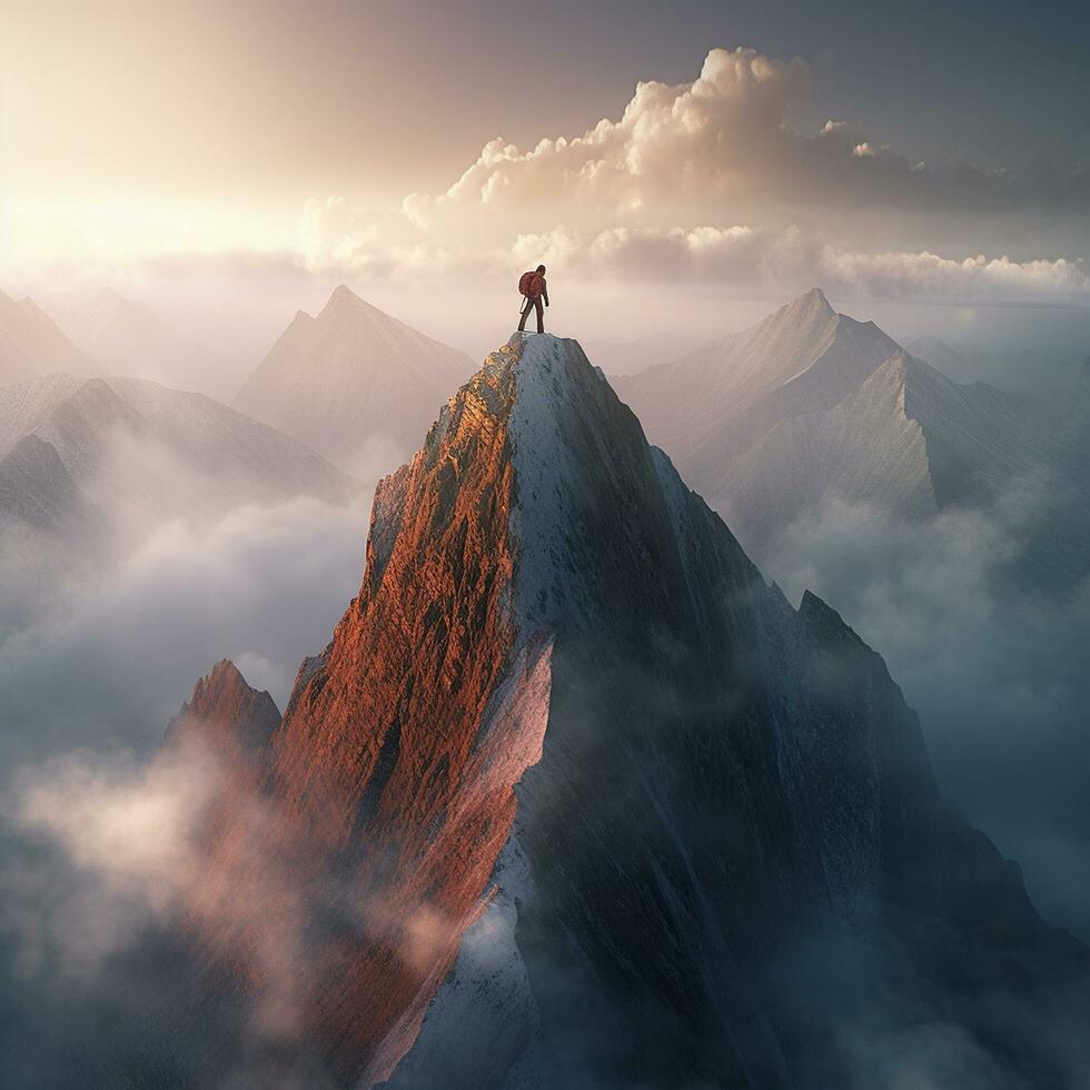 A person conquering a mountain peak symbolizing overcoming AI Generated Image photo