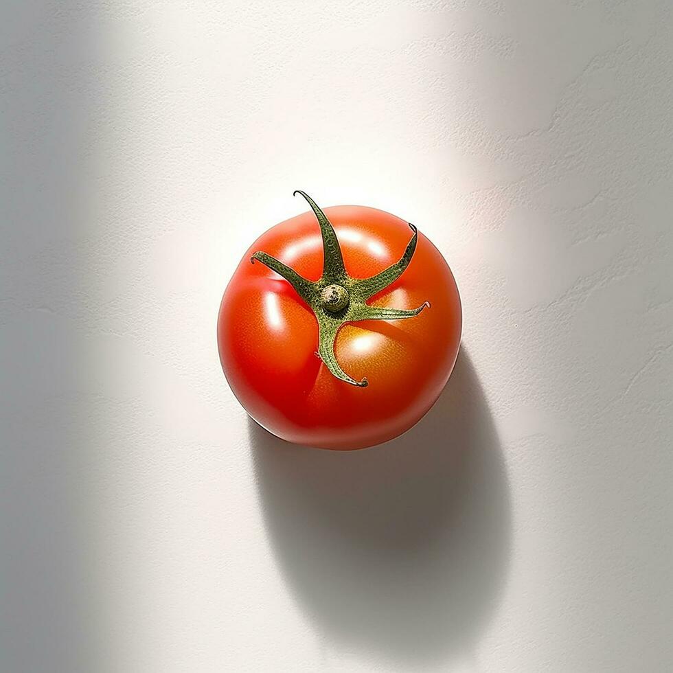 Beautiful small red tomato overhead view lighting projection white background AI Generated Image photo