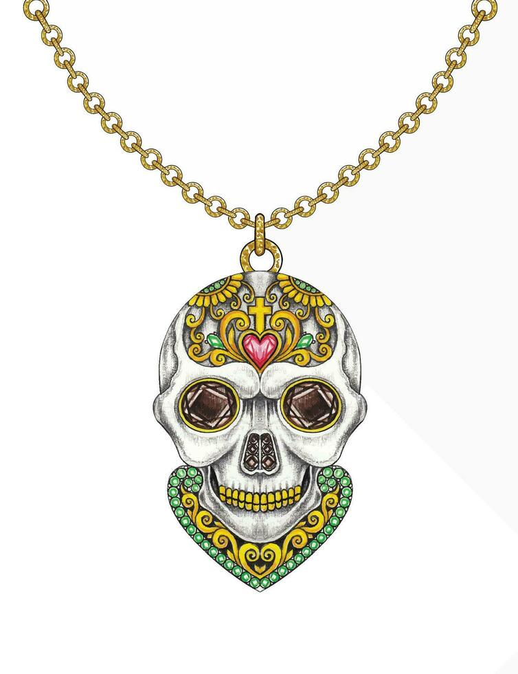 Jewelry design art vintage day of the dead skull  necklace hand drawing and painting make graphic vector. vector