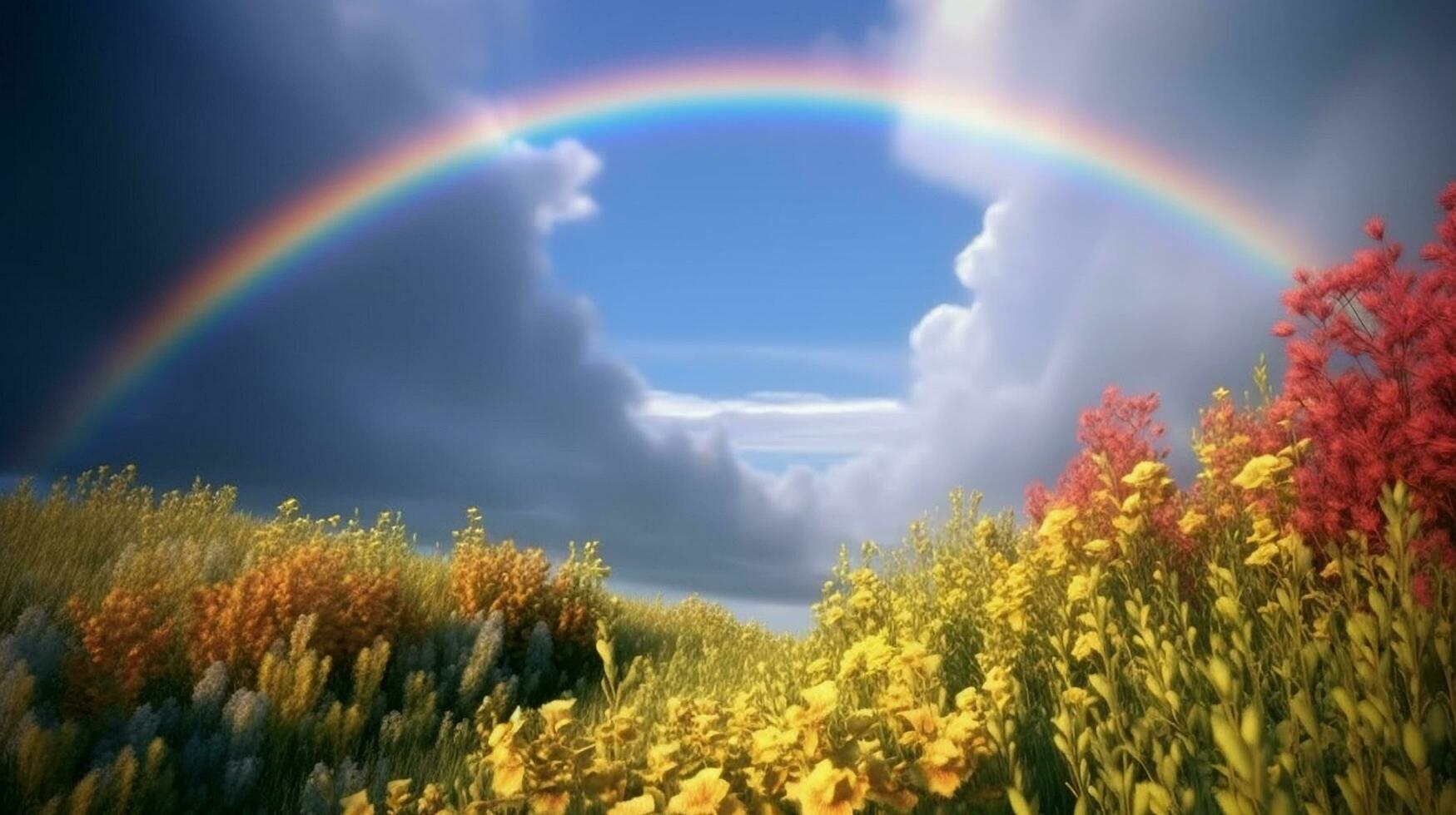 Blue sky clouds rainbow bright flowers brilliant sunlight AI Generated Image photo