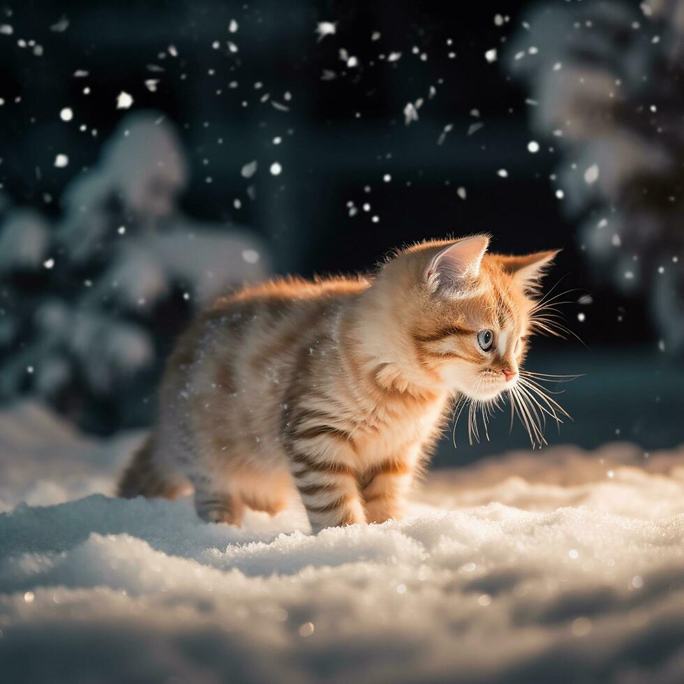 A orange cute fat kitten sniffing the snow hectic mood AI Generated Image photo