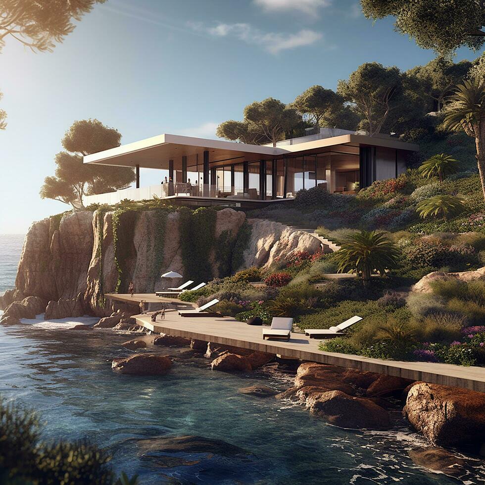 A luxury seafront cliffside villa designed photography AI Generated Image photo