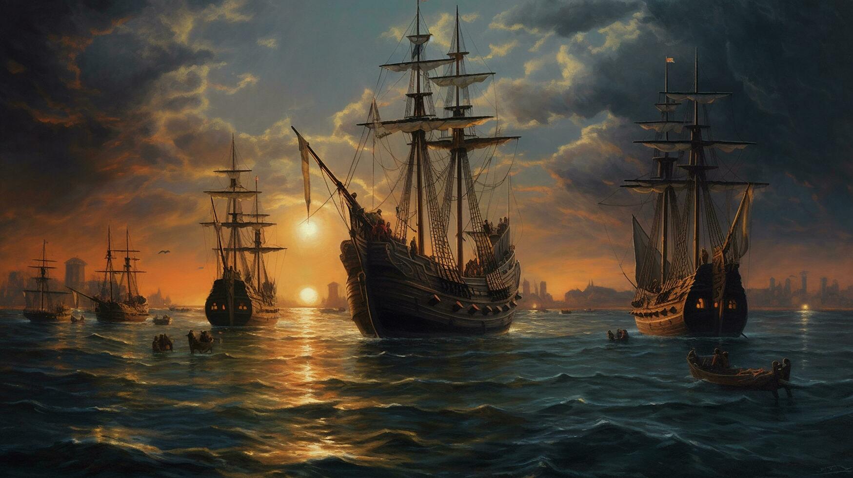 un antiguo petróleo pintura de 100 pirata buques flota desde ai generado imagen foto