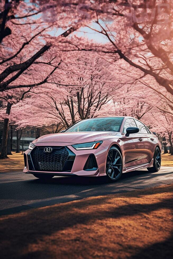 audi rs6 cherry blossom trees in background AI Generated Image photo