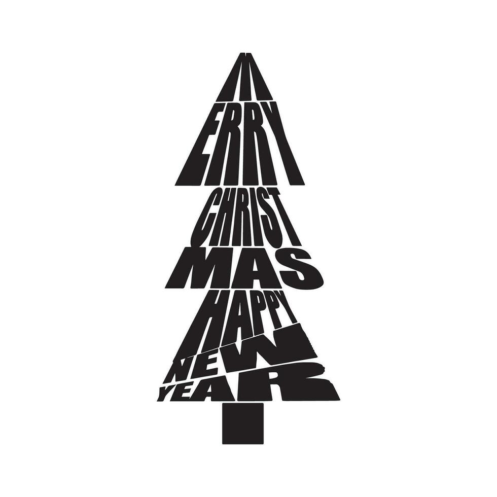 The inscription Merry Christmas and Happy New Year in the form of a Christmas tree. Christmas background with handwritten typography. Vector