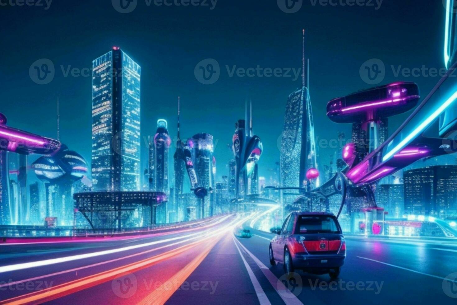 Modern night city in trendy futurism style. Pro Photo