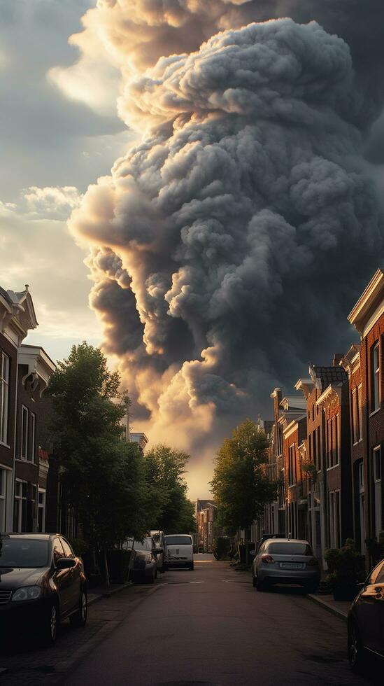 A black cloud rises over a residential street with parker AI Generated Image photo