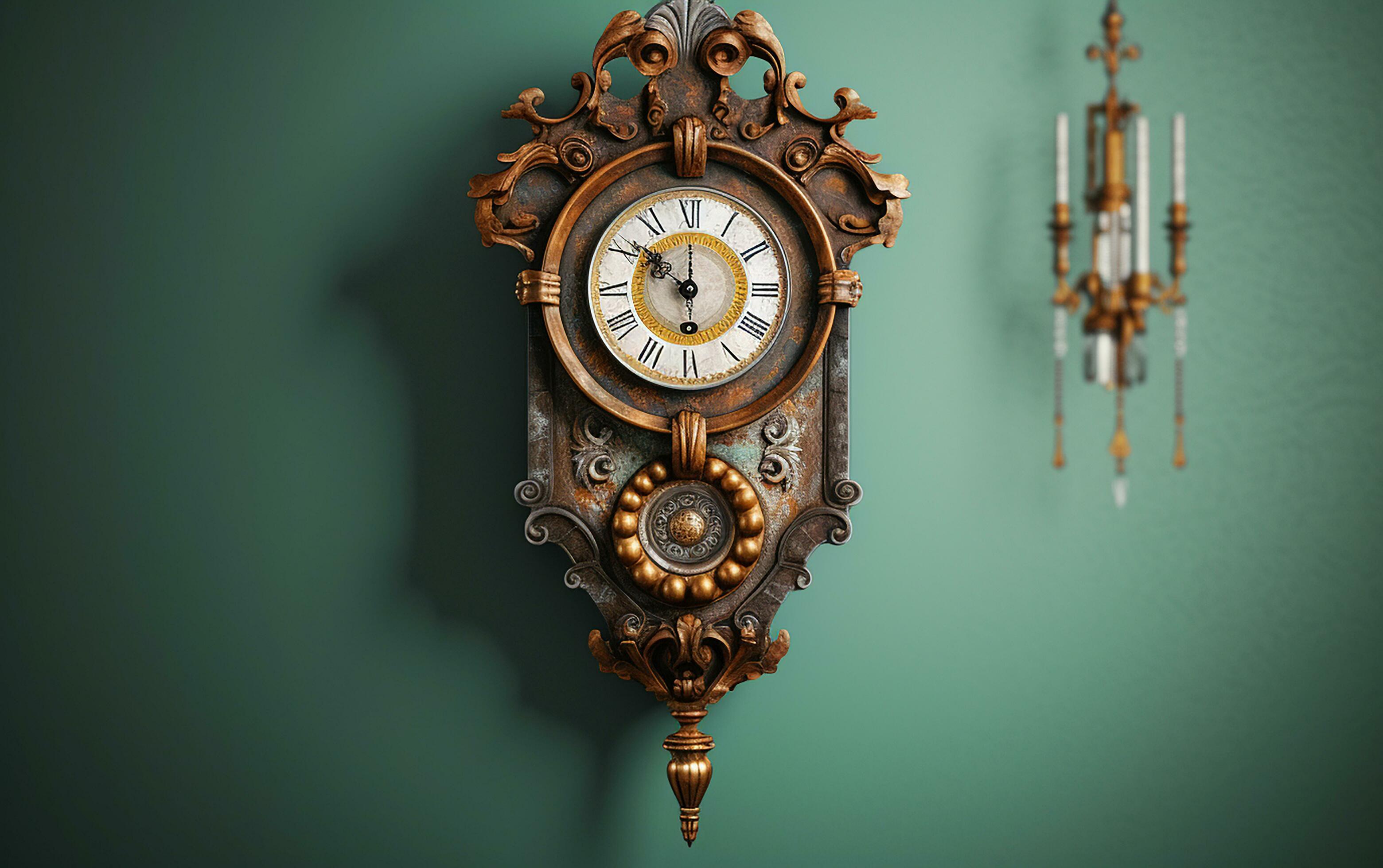 An antique pendulum clock hanging from a wall 35 mm photography AI