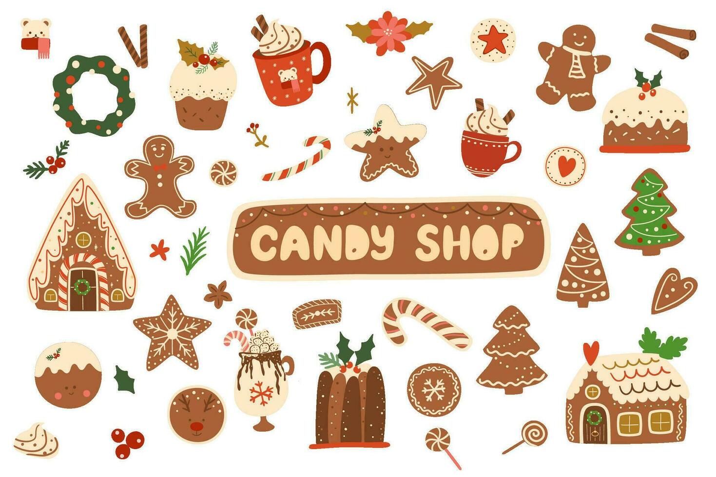 Christmas cooking set. Baked gingerbread cookies, house, hot winter holiday drinks, pudding, dessert, candy cane. Vector winter holiday food clip art, stickers, greeting card, party invitation, poster