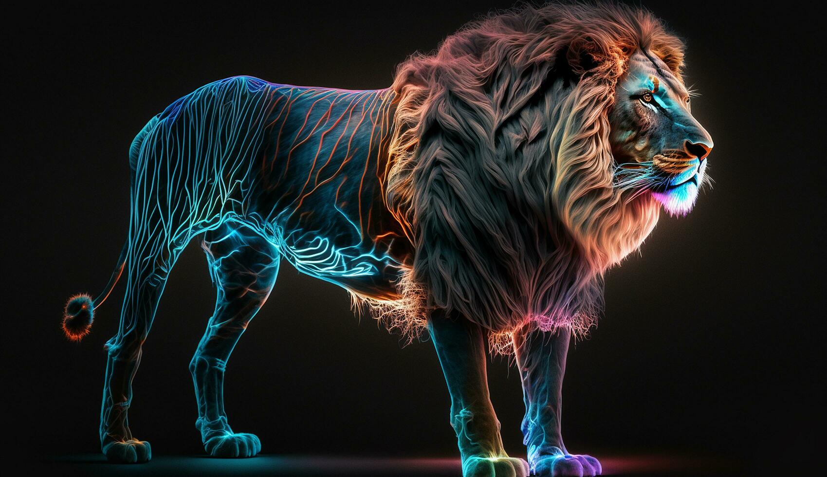 beautiful lion photography neon light color AI Generated Image photo