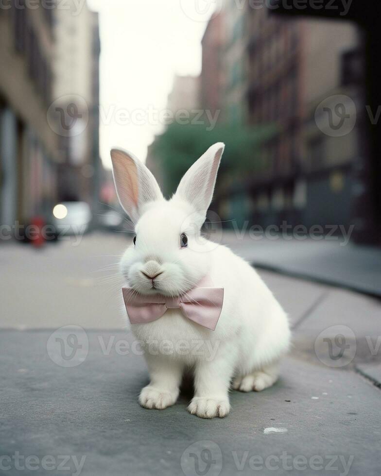 A funny cute white baby rabbit wearing a soft pink bow tie AI Generated Image photo