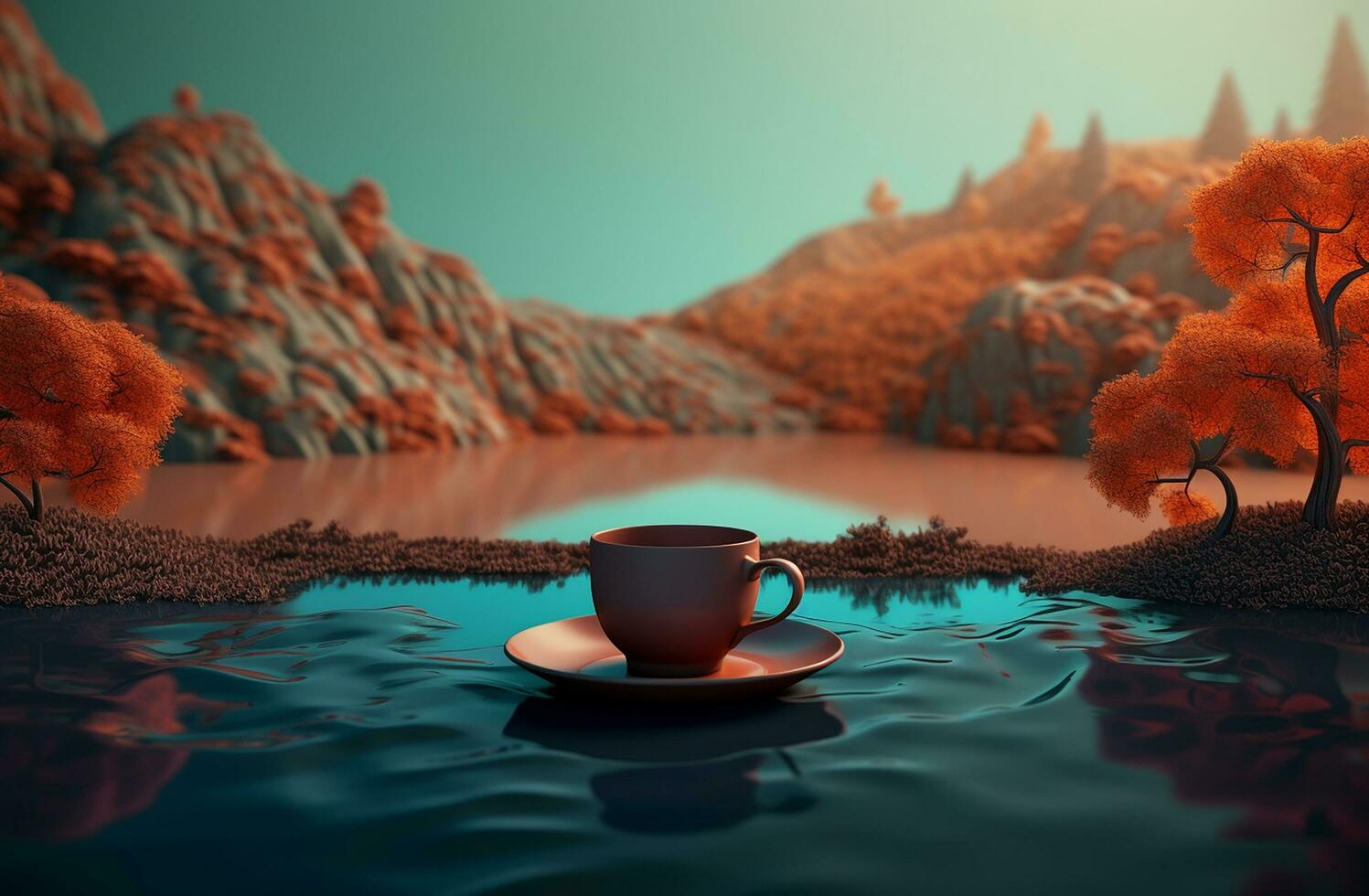 Autumn landscape with cup of hot coffee photography AI Generated Image photo