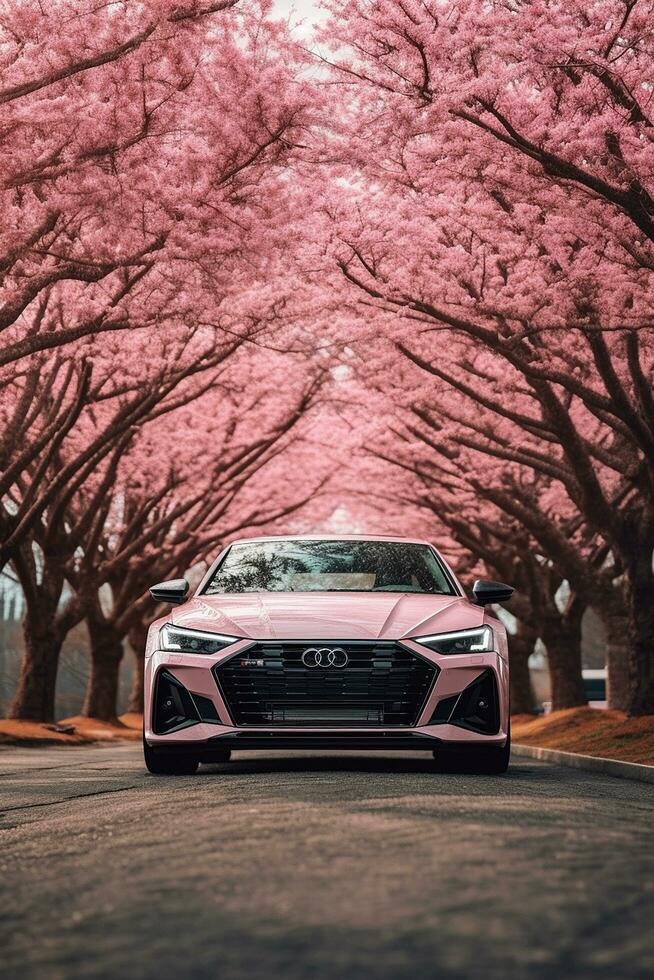 audi rs6 cherry blossom trees in background AI Generated Image photo