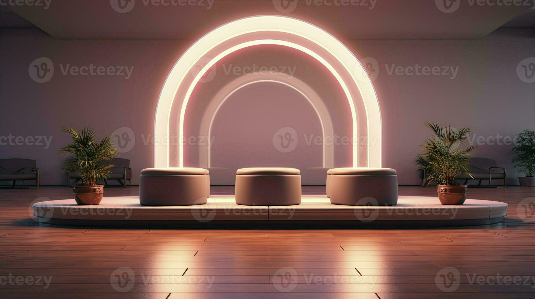 podium with lighting and plants.AI Generated photo