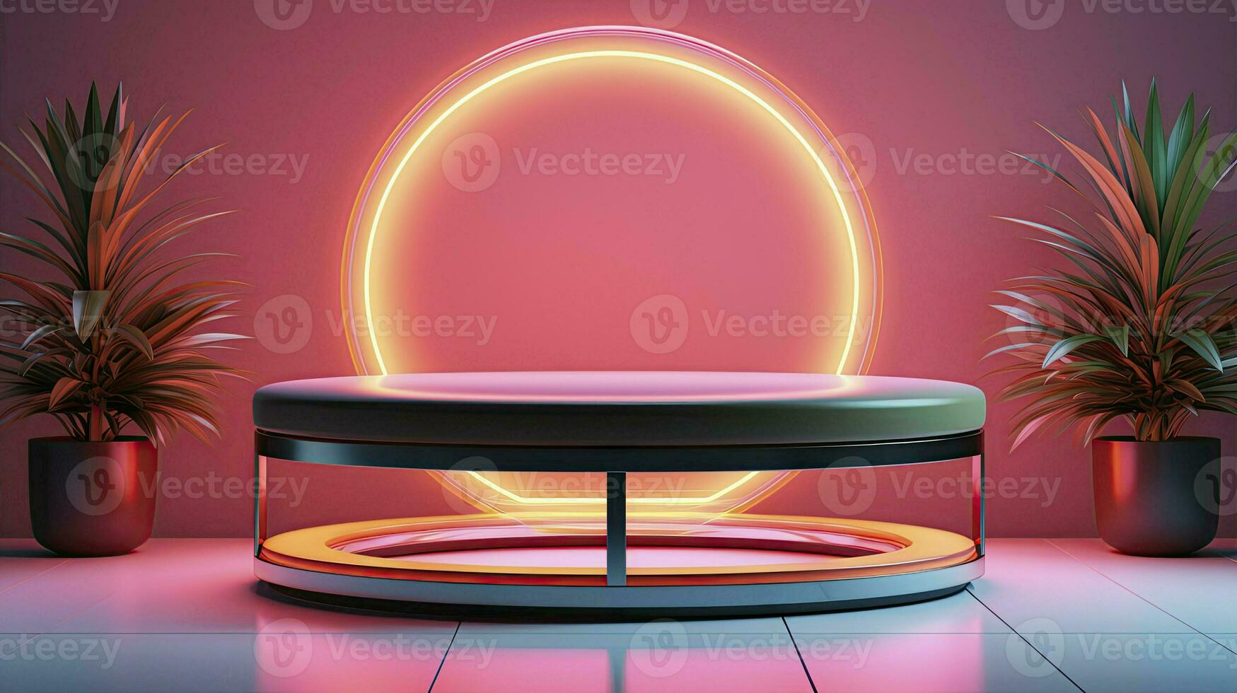 podium with lighting and plants.AI Generated photo