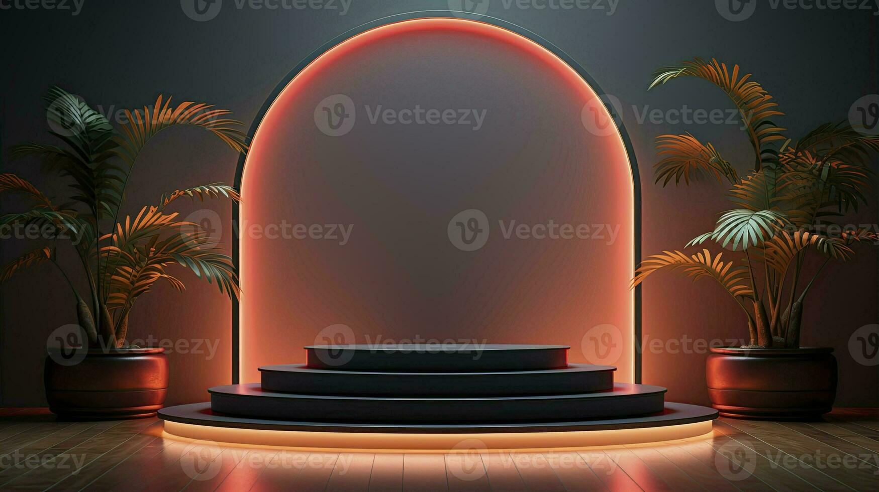 podium with lighting and plants.AI Generated photo