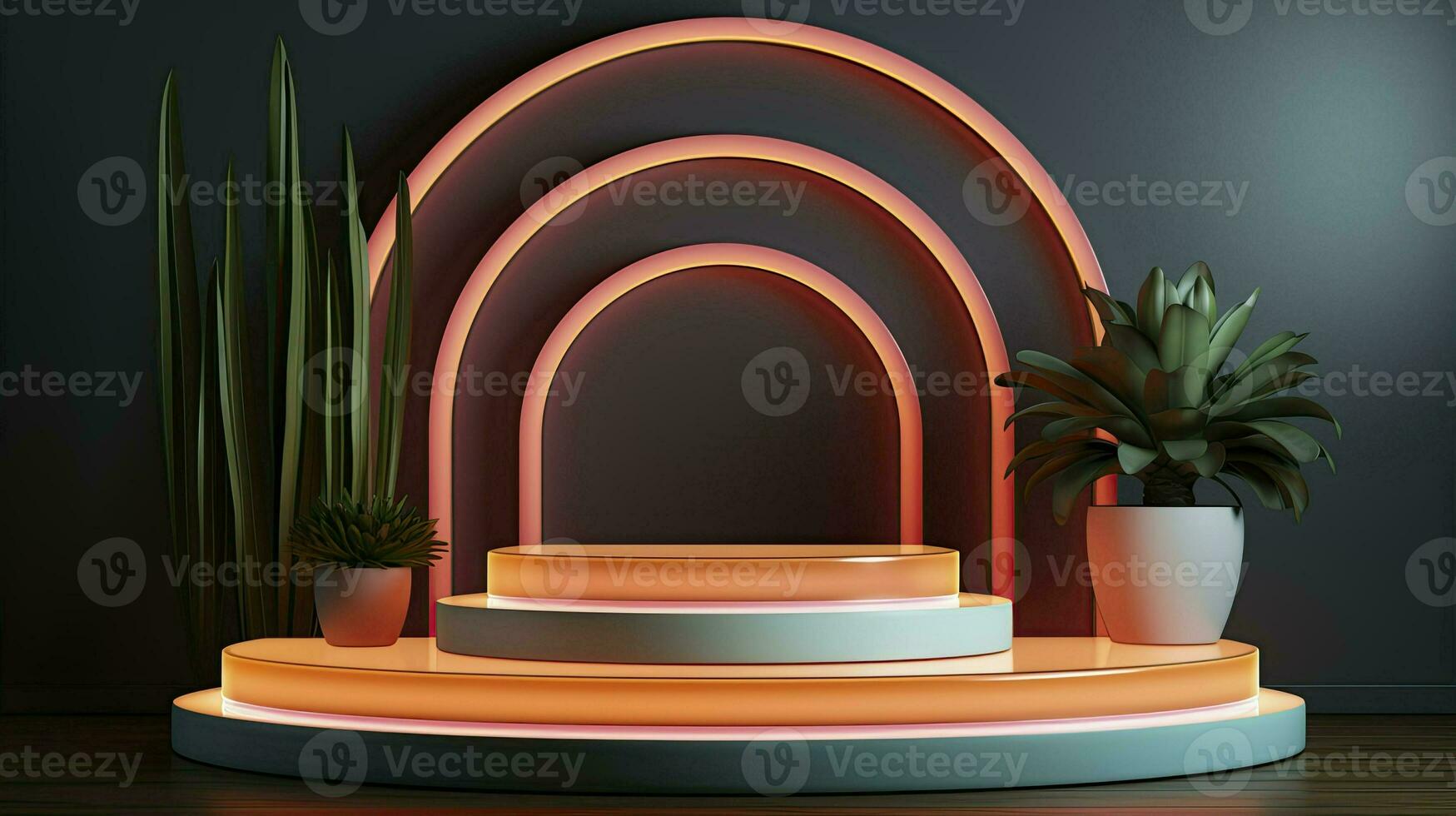 podium with lighting and plants.AI Generated photo