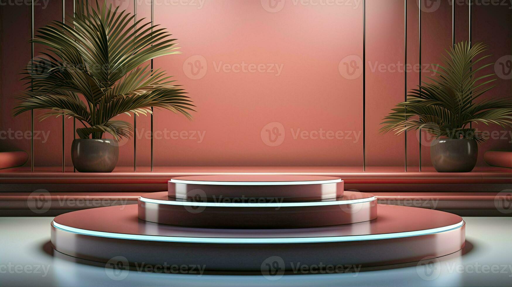 podium with lighting and plants.AI Generated photo