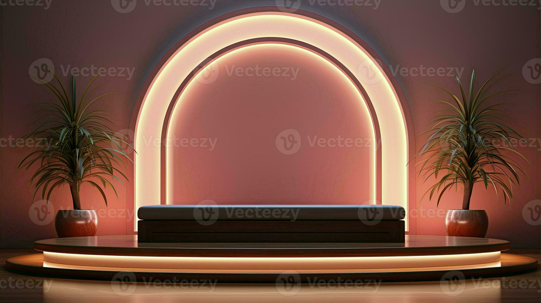 podium with lighting and plants.AI Generated photo