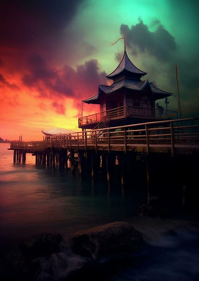 A pier that goes over water and a sunset AI Generated Image photo