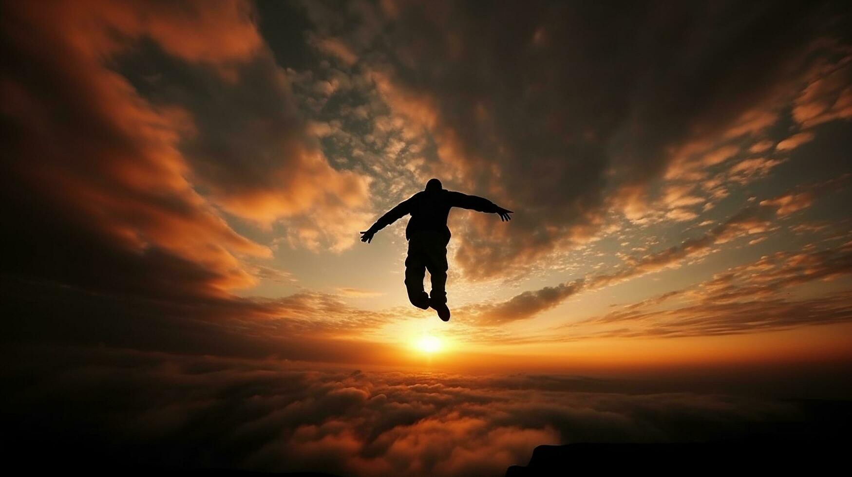 un hombre flotante en el cielo puesta de sol fotografía ai generado foto