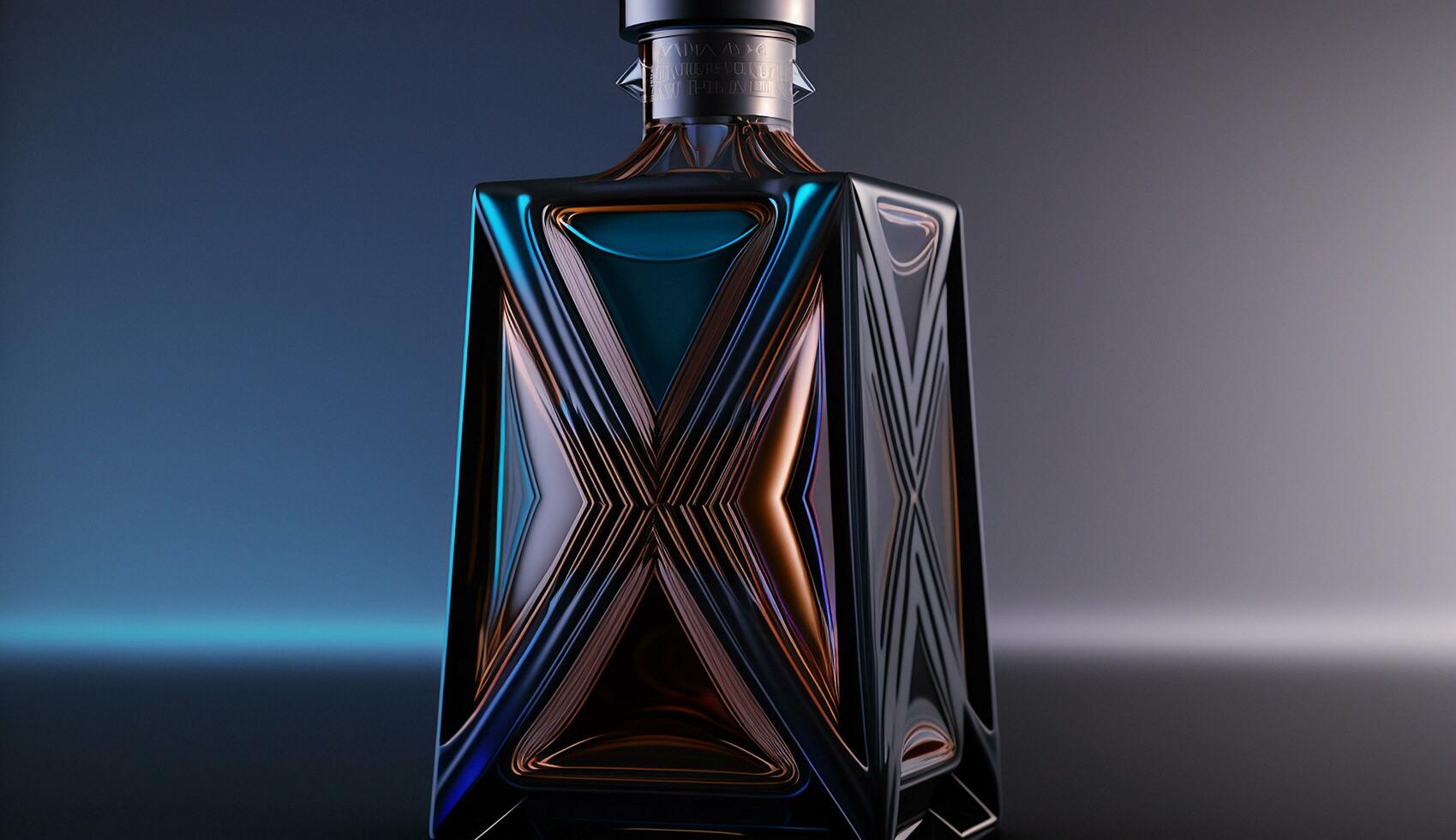 A neon black label design bottle liquor futuristic geometric shape AI Generated Image photo