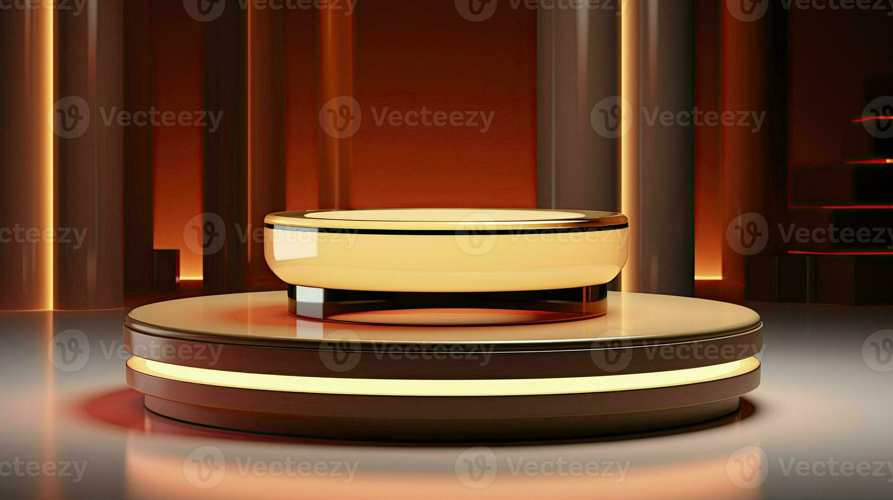 neon podium in a minimalist Scandinavian style in beige-brown colors with lighting. AI Generated photo