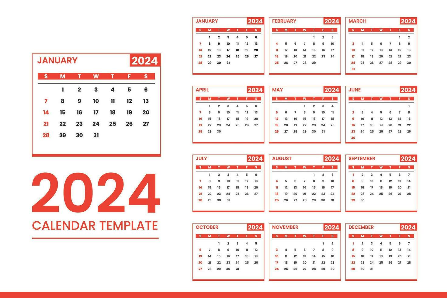 Calendar for 2024 year. Yearly calender organizer. vector