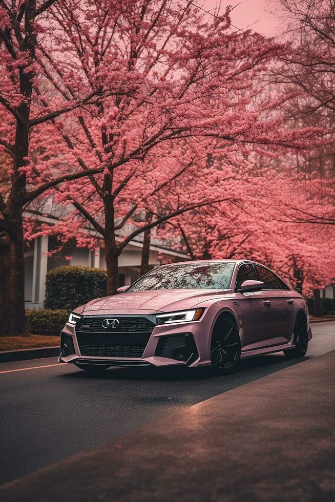 audi rs6 cherry blossom trees in background AI Generated Image photo