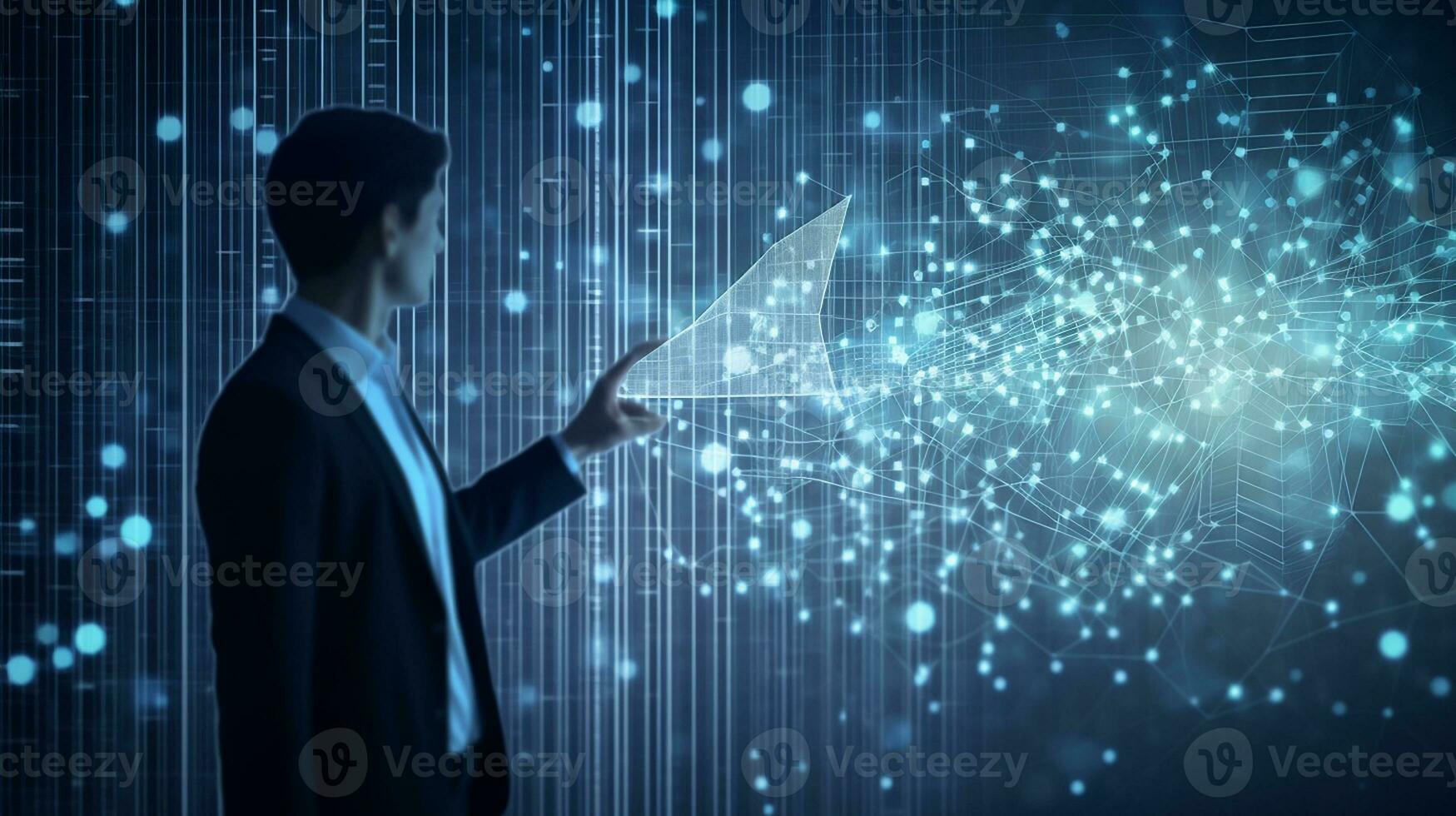 Big data technology and data science with person touching data flowing on virtual screen photography AI Generated Image photo