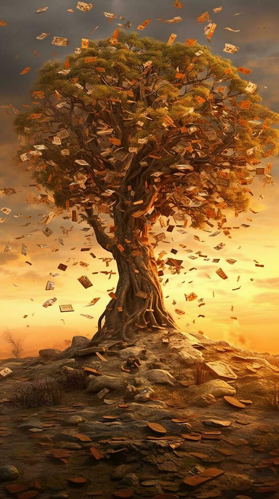 A realistic tree that has money growing on it photography AI Generated Image photo