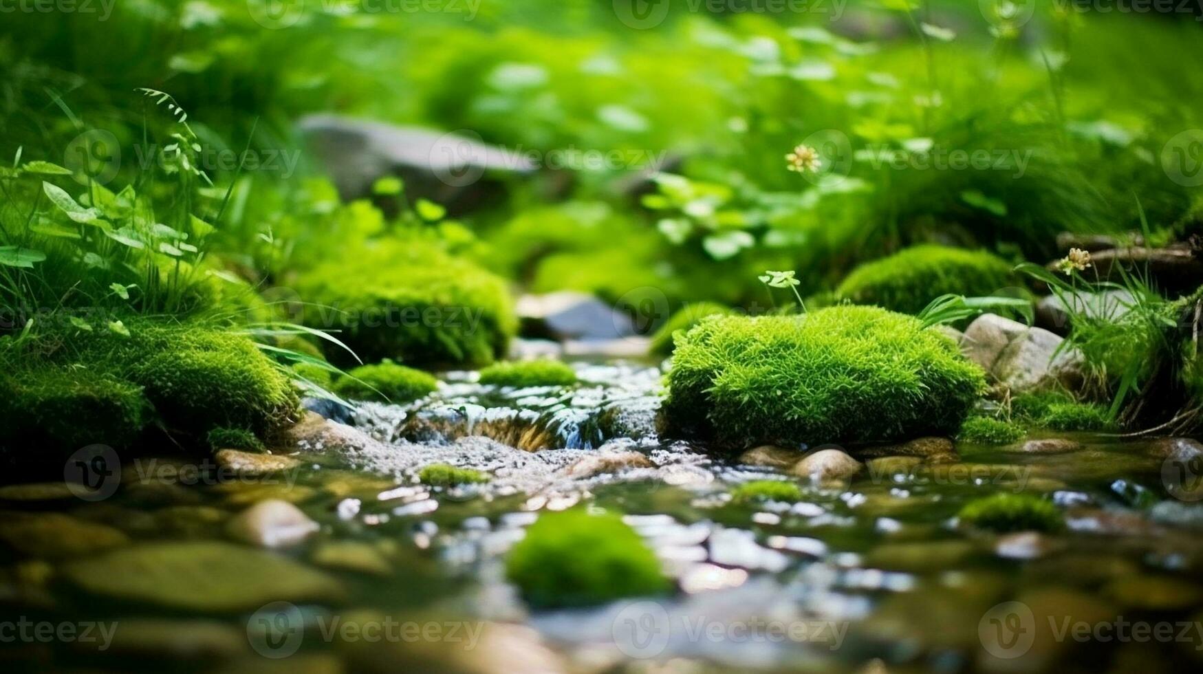 un lozano prado de vibrante verde naturaleza con agua corriendo ai generado imagen foto