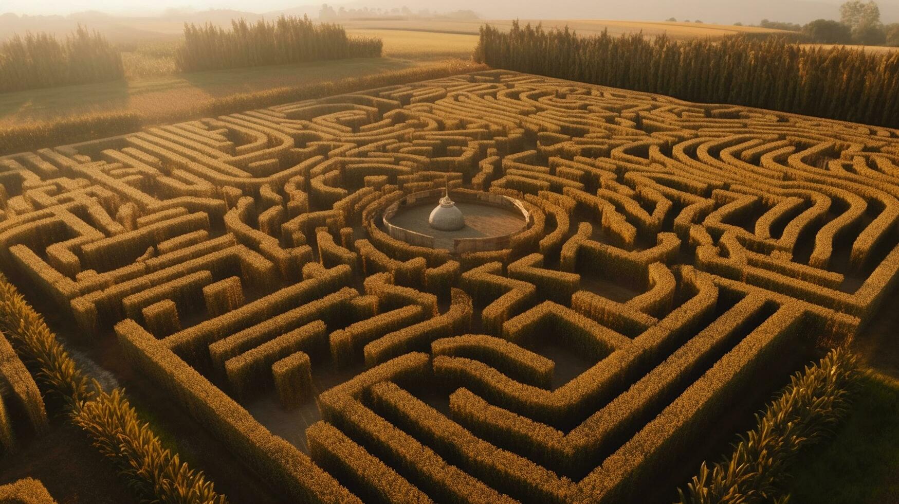 un aéreo Disparo de un complejo maíz laberinto No edificios ver ai generado imagen foto