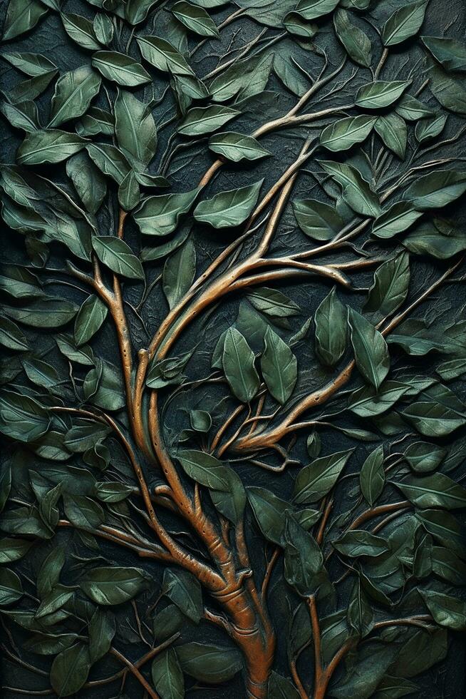 Branches of thorns and realistic leaves carved wallpaper AI Generated Image photo