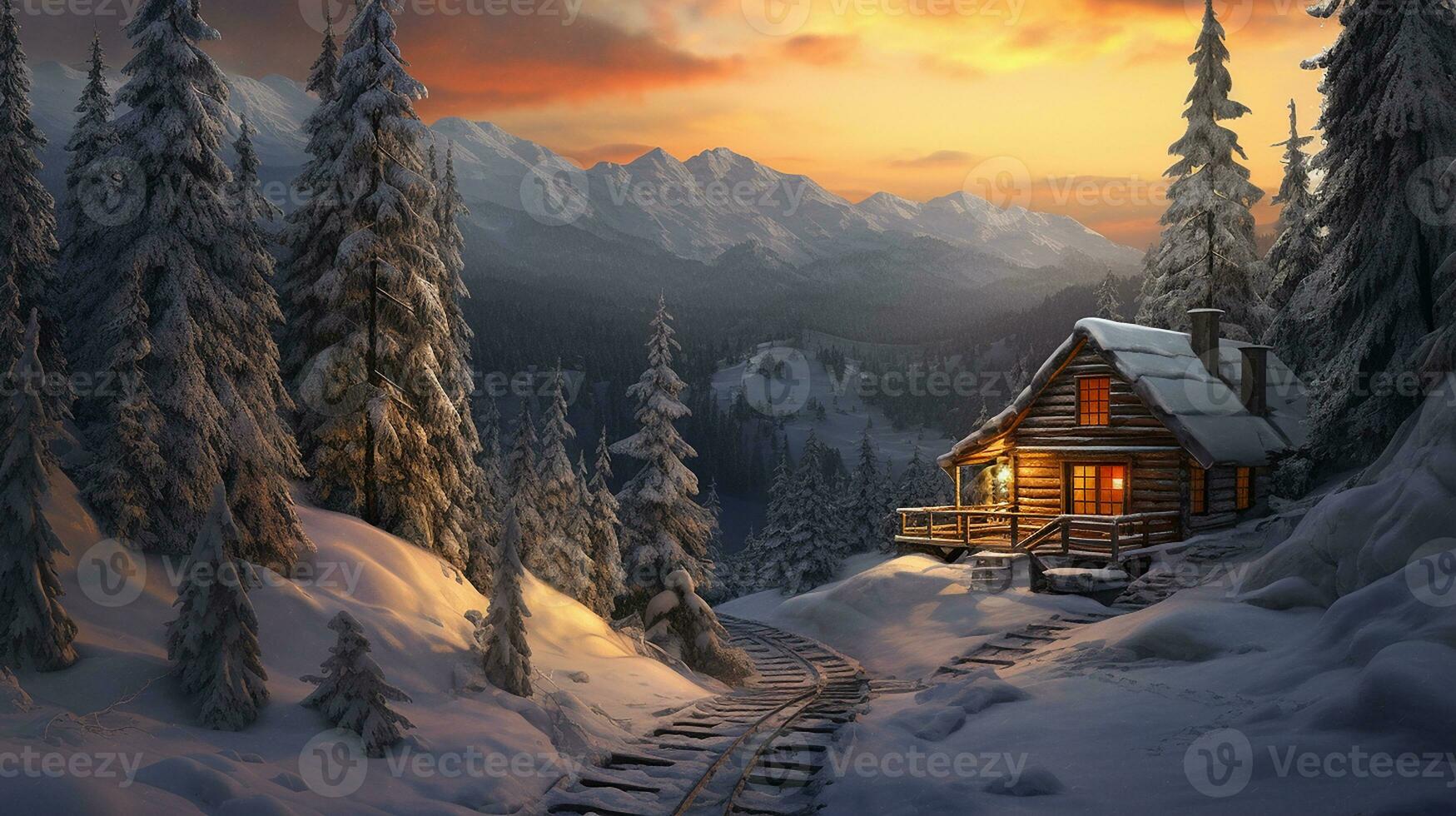 Beautiful Winter hut in a stunning alpine landscape winter scenery AI Generated Image photo